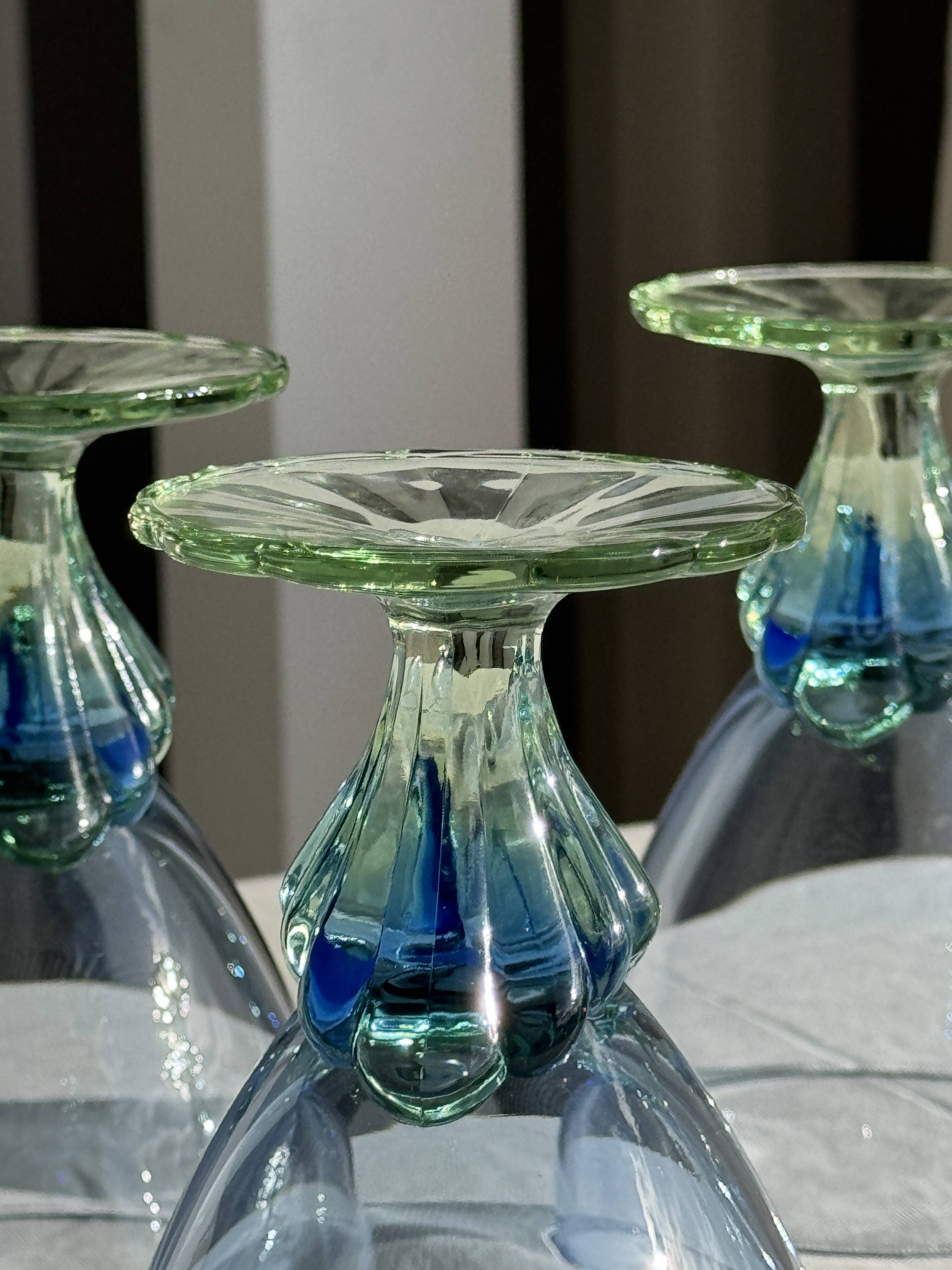Set of 4 large blue and green glasses H14 D10