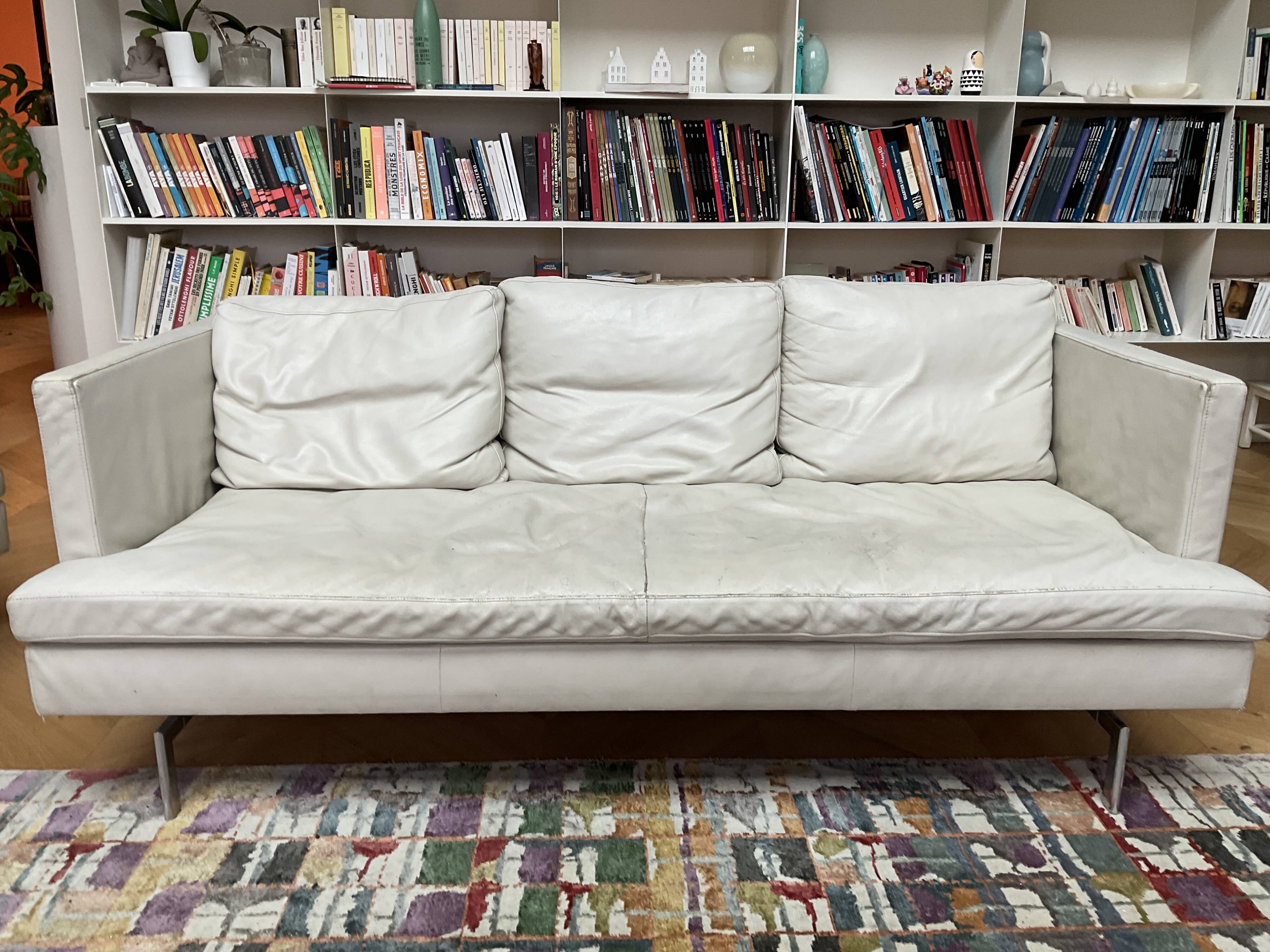 Cinna "Stricto Sensu" 3-seater sofa in chalk leather, designer Didier Gomez.