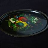 Superbe plateau ancien en métal peint à la main – motif floral coloré