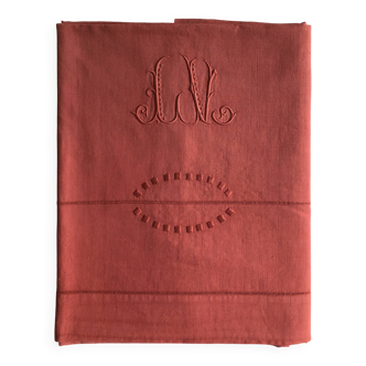 Drap Ancien En Lin Et Coton Teinté en Rouge Brique