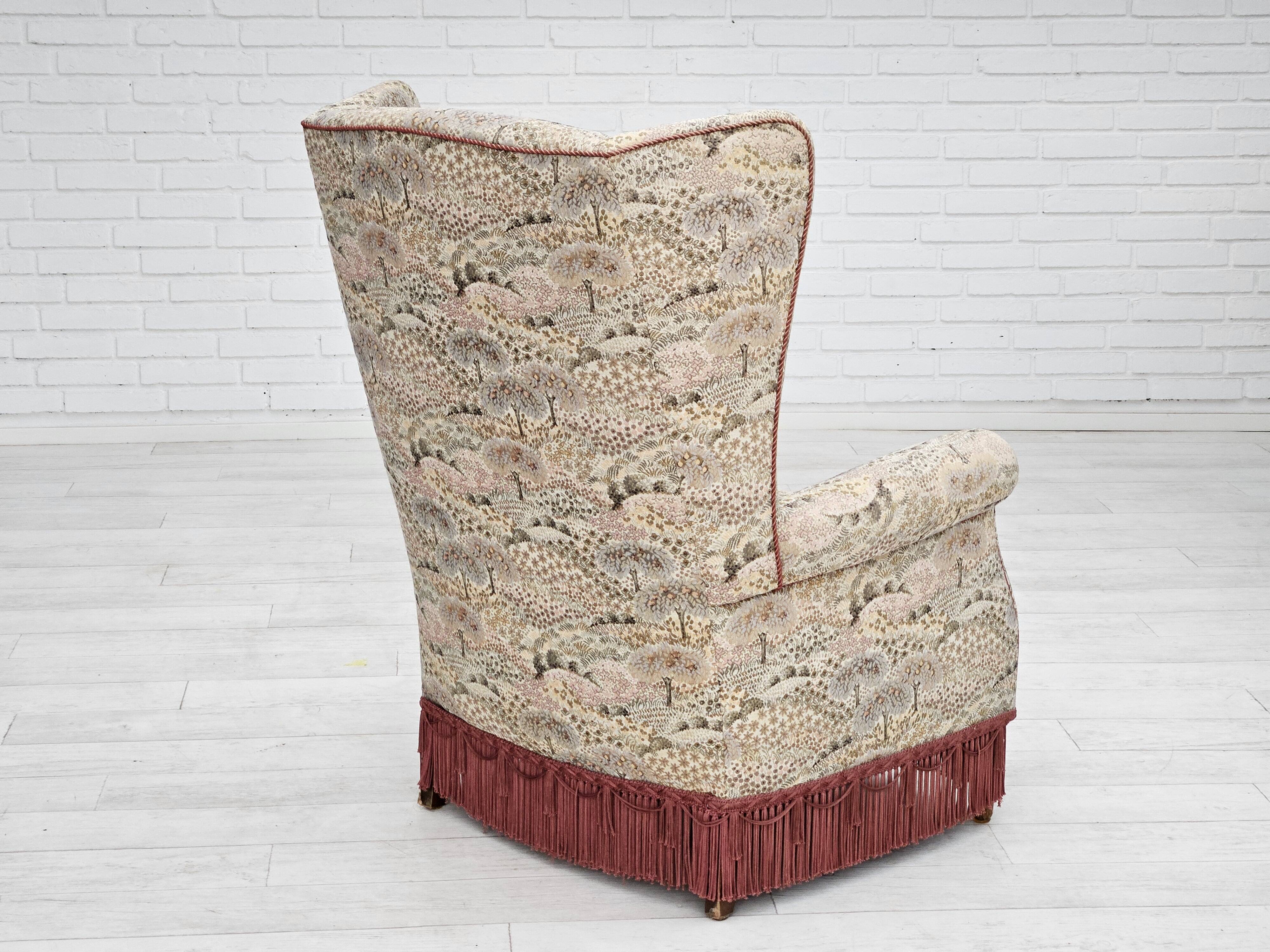 1955-60s, Danish design, high back armchair in floral multicolor fabric, original condition.