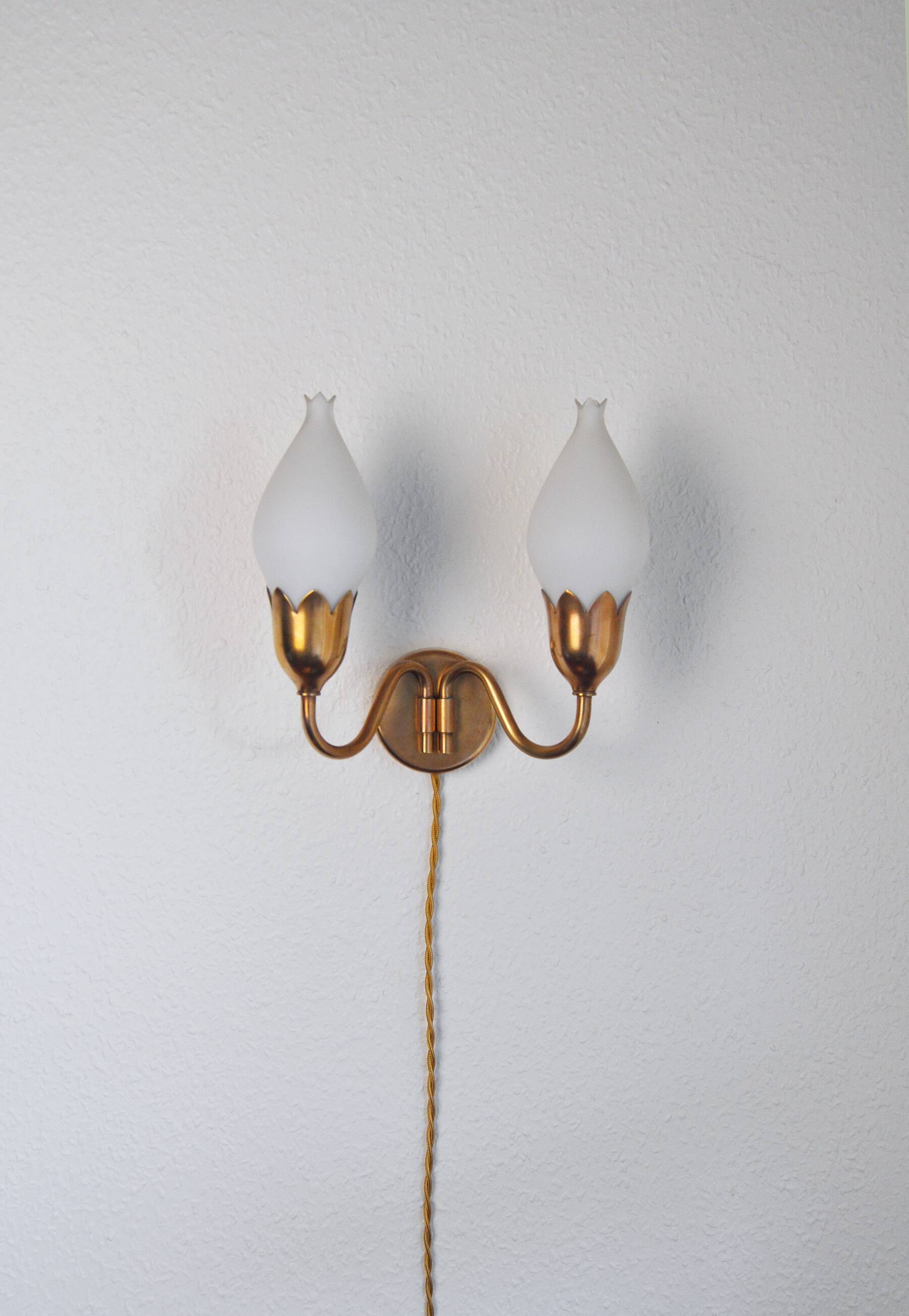 Fog & Mørup 2-Arm Brass and Opaline Glass Tulip Wall Lamp