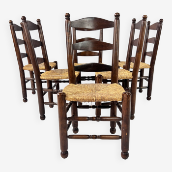 Ensemble de 6 chaises de salle à manger en jonc antique français et en chêne, années 1900