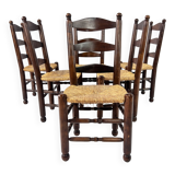 Set of 6 french antique rush and oak dining chairs, 1900s