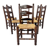 Ensemble de 6 chaises de salle à manger en jonc antique français et en chêne, années 1900
