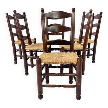Set of 6 french antique rush and oak dining chairs, 1900s