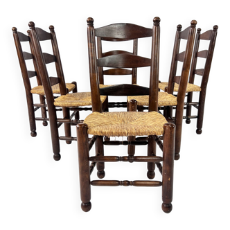 Ensemble de 6 chaises de salle à manger en jonc antique français et en chêne, années 1900