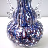 Vase en verre de Murano bleu attribué à Fratelli Toso avec des murrines, Italie