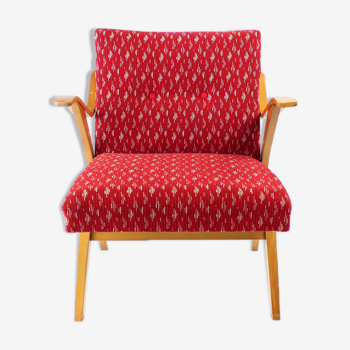 Midcentury armchair in original red fabric & blonde wood, czechoslovakia 1960s
