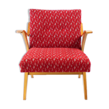 Fauteuil en tissu rouge original et bois blond, Tchécoslovaquie années 1960
