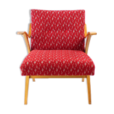 Fauteuil en tissu rouge original et bois blond, Tchécoslovaquie années 1960