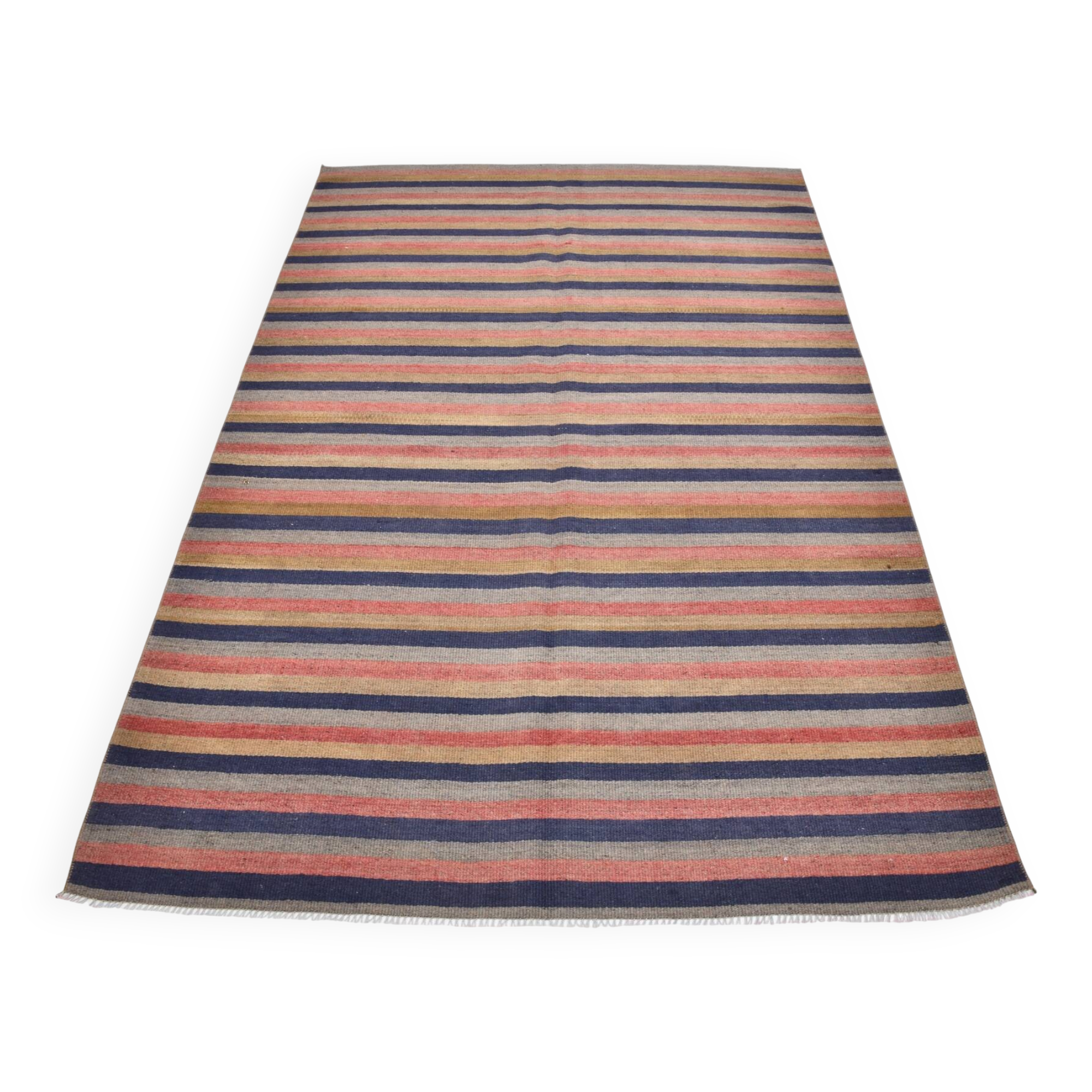 Navy Blue & Terracotta Hand Woven Turkish Striped Kilim Rug, 147x217 Cm