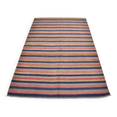 Tapis kilim turc rayé tissé à la main bleu marine et terracotta, 147x217 cm