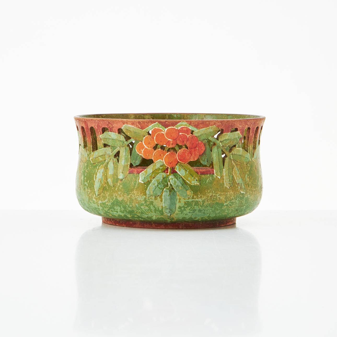 Art Nouveau Wooden Nut Bowl with Openwork and Painted Lingonberry and Foliage Decoration