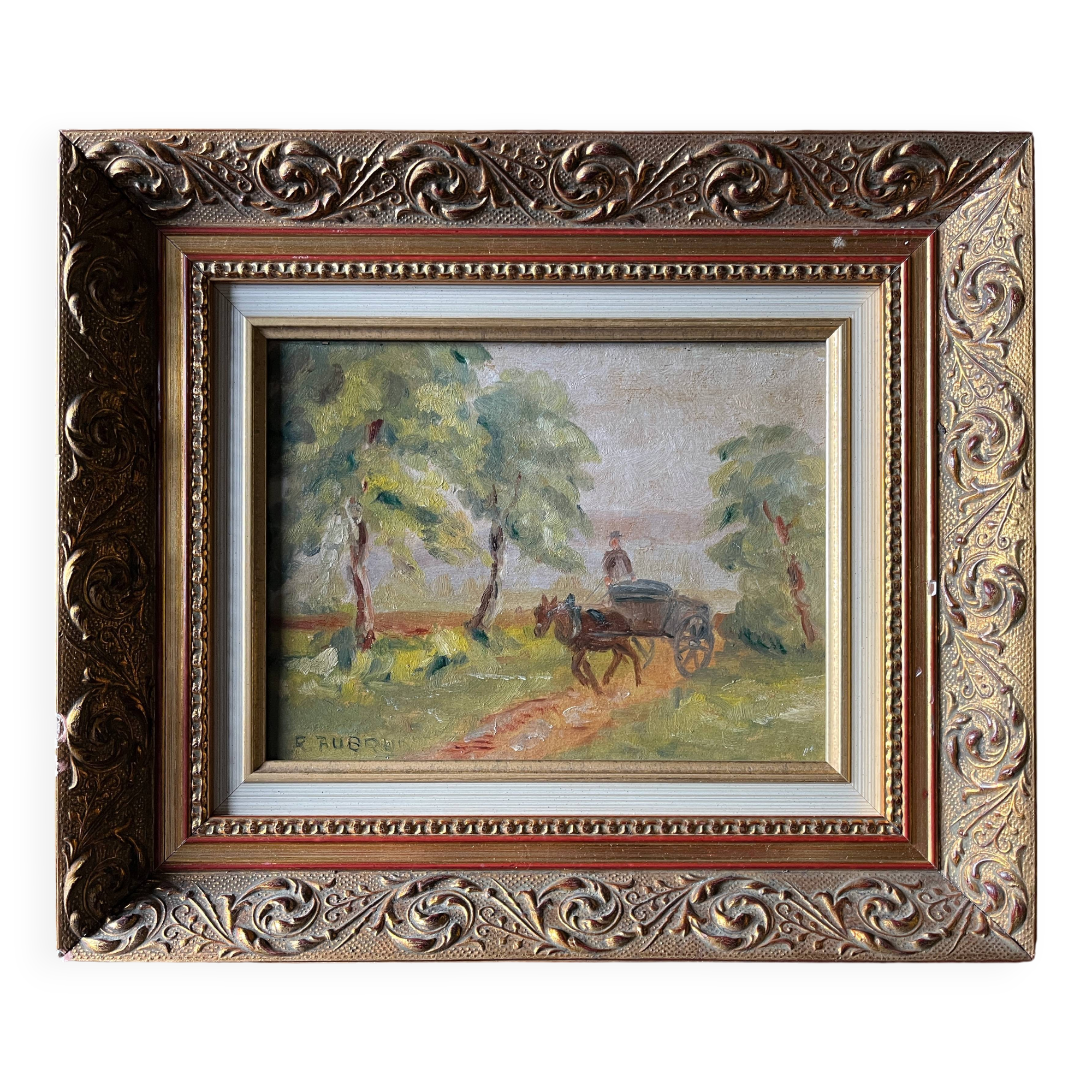 Post-impressionist “Chemin de Merolle” painting by Roger Aubrun 1947 + frame