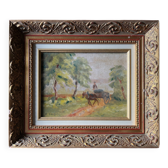 Tableau "Chemin de Merolle" postimpressionniste par Roger Aubrun 1947 + cadre