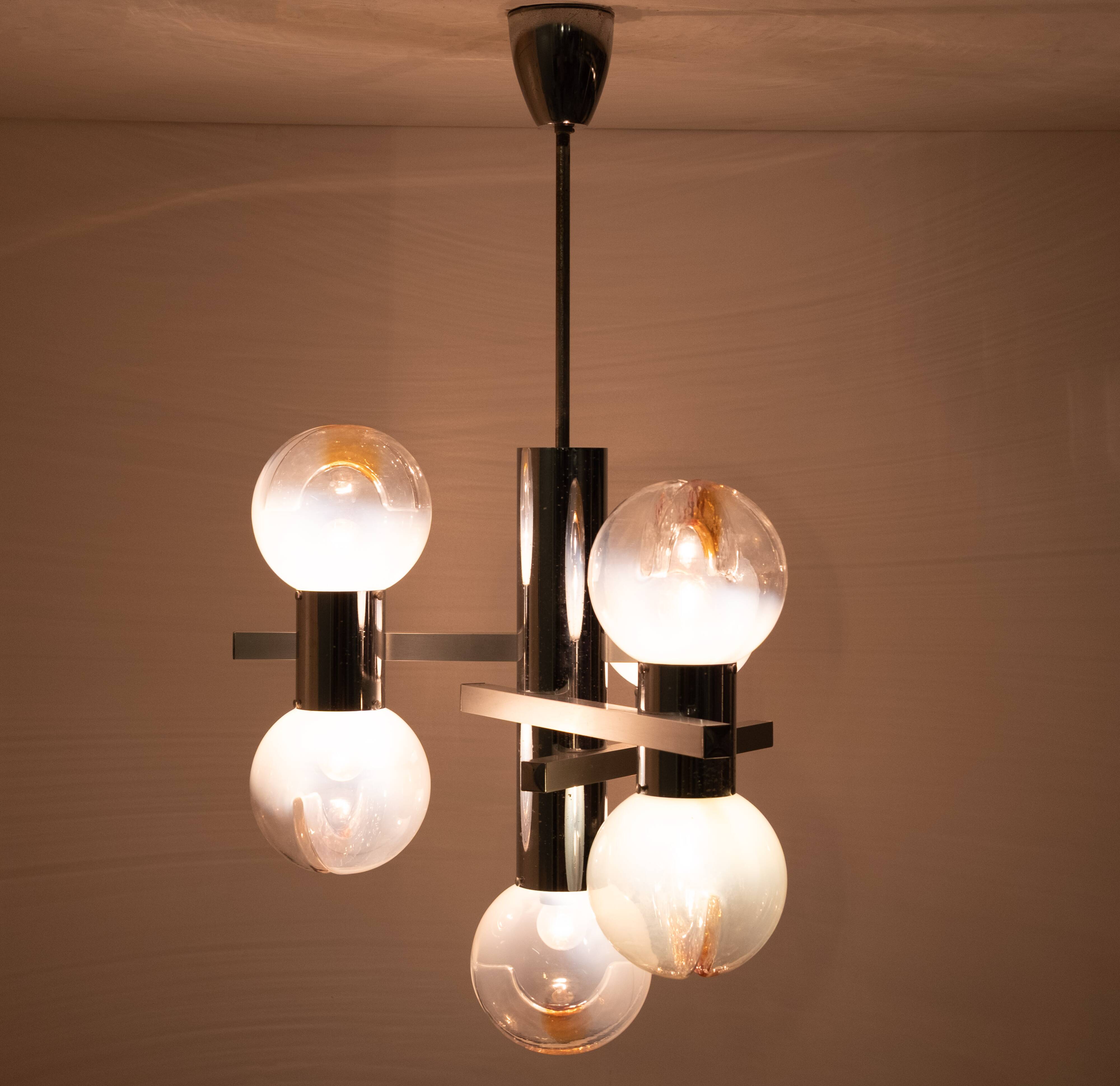 Mazzega Murano Chandelier / Space Age Glass Pendant Light 1970s Italy