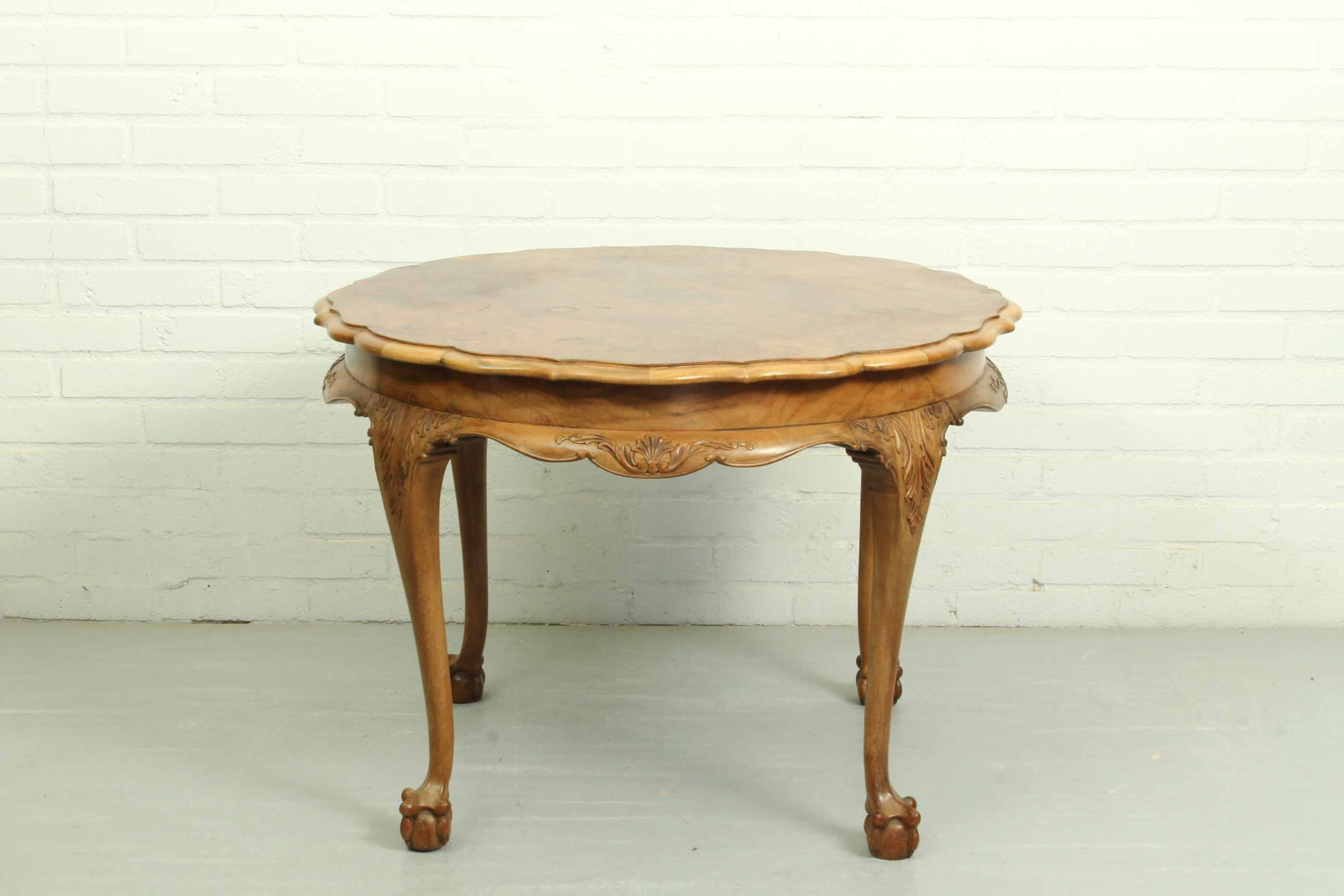 Coffee table in Baroque style, mid century, with claw foot legs, burl wood scalloped top