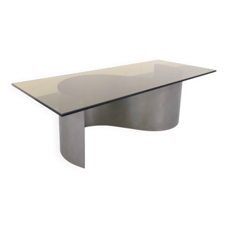 Vintage rectangular Space Age coffee table in steel and smoked glass.