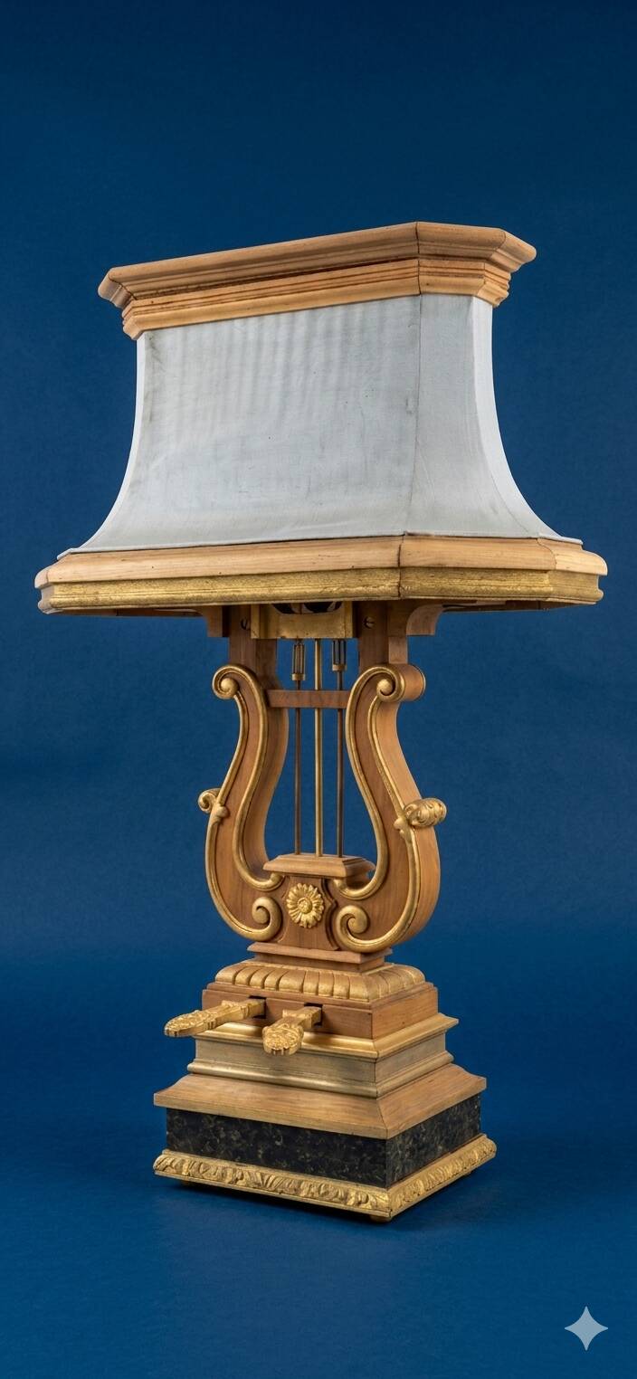 Monumental lyre lamp in oak and zinc (unique piece) 120cm in height.
