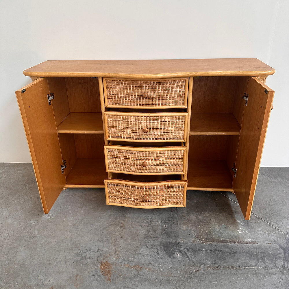 Vintage curved rattan sideboard, coastal credenza, wicker cabinet, boho buffet