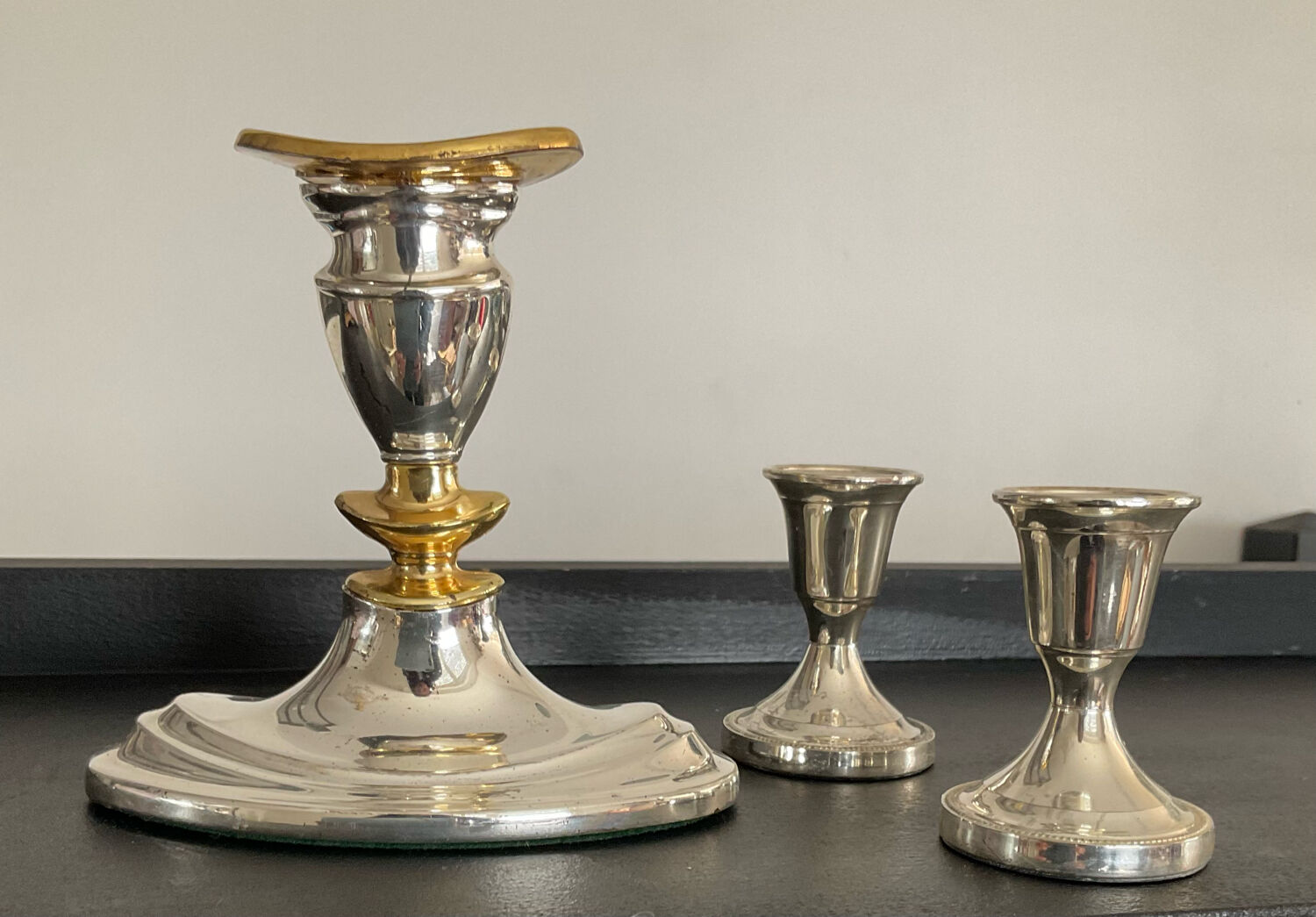 Trio de bougeoirs vintage en métal argenté et doré années 70