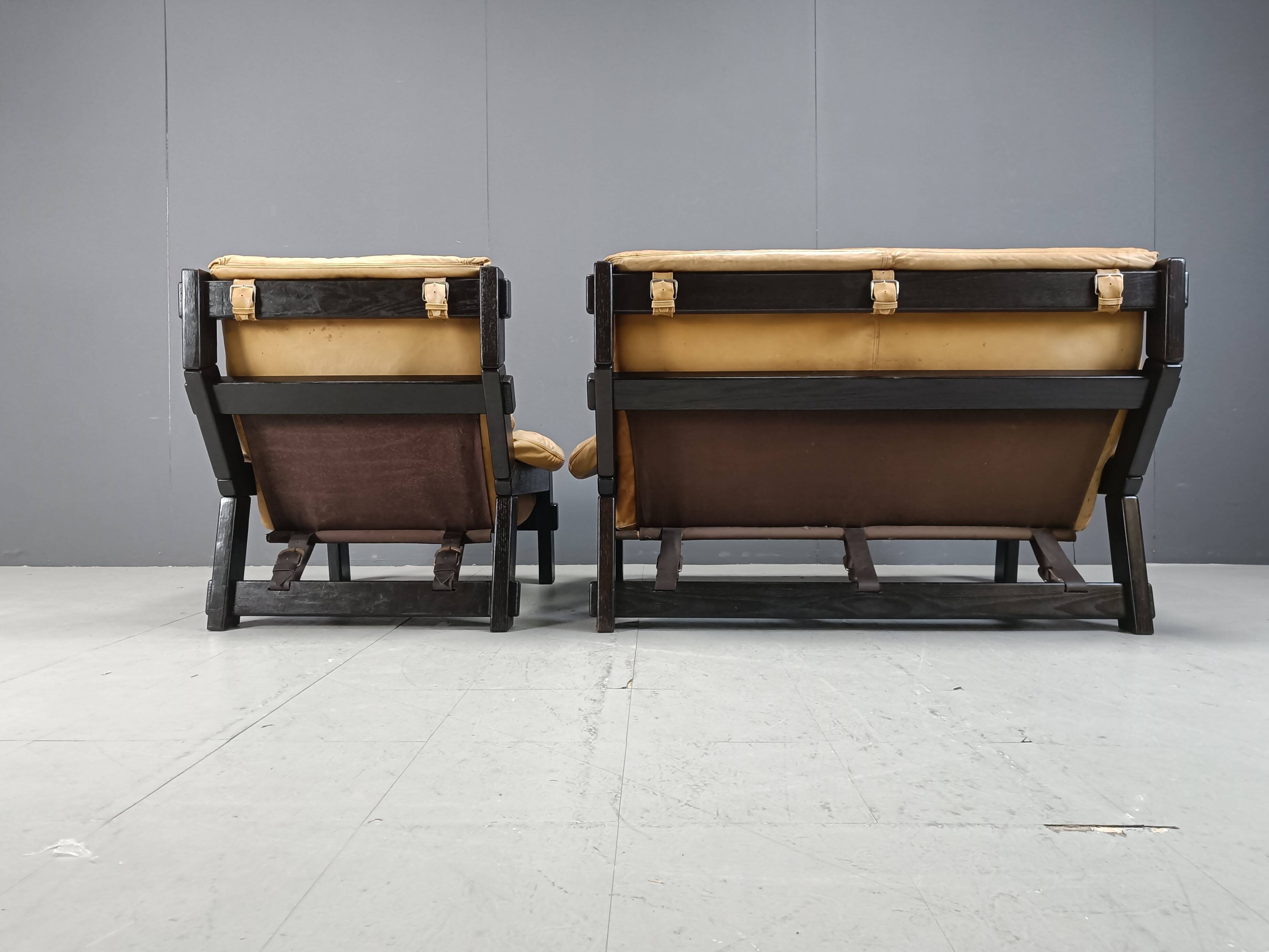 Vintage brown leather sofa set, 1960s