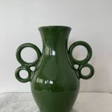 Handmade green ceramic amphora vase with large circular handles