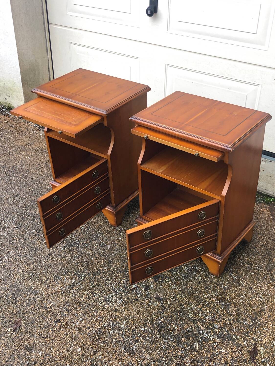 2 old wooden bedside tables with leather top