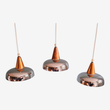 Set of 3 vintage pendant lamps in chromed metal and copper, 1960s-70s