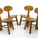 French Modern 3-Legged Chairs & Table in Solid Oak, 1970s