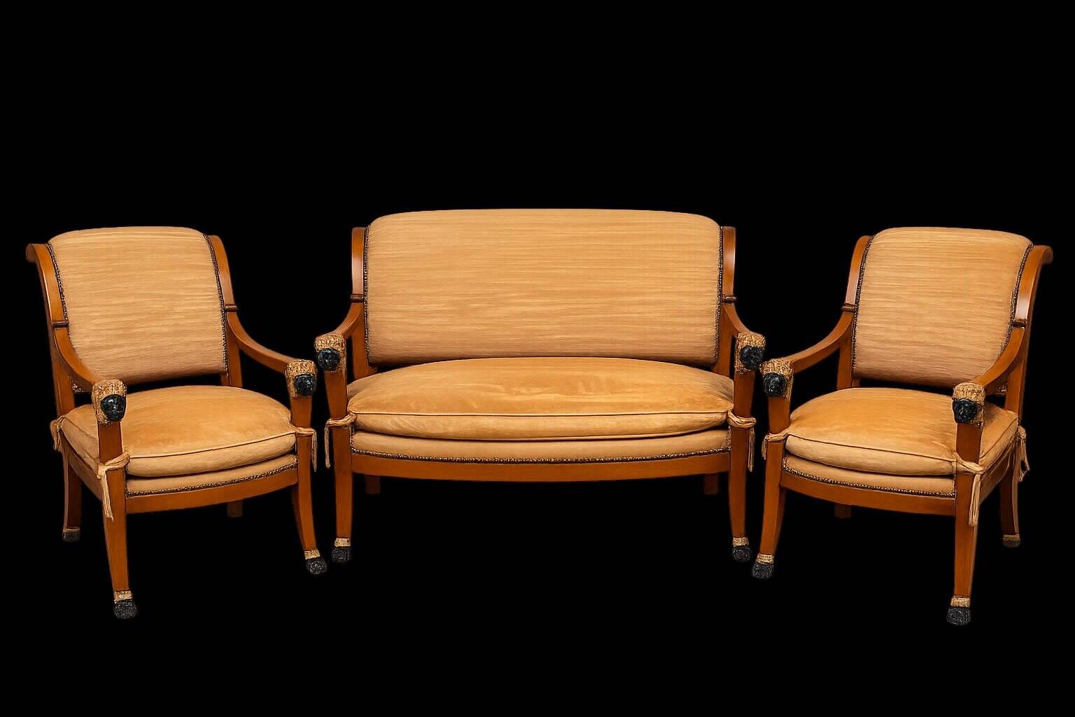 Neoclassical canapé and conversation chairs by Maison Rémy, Paris, France, 1986, set of 3.