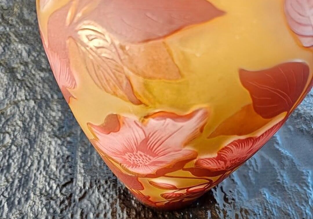 Art Nouveau vase by Émile Gallé - Cameo glass with yellow and pink floral design.