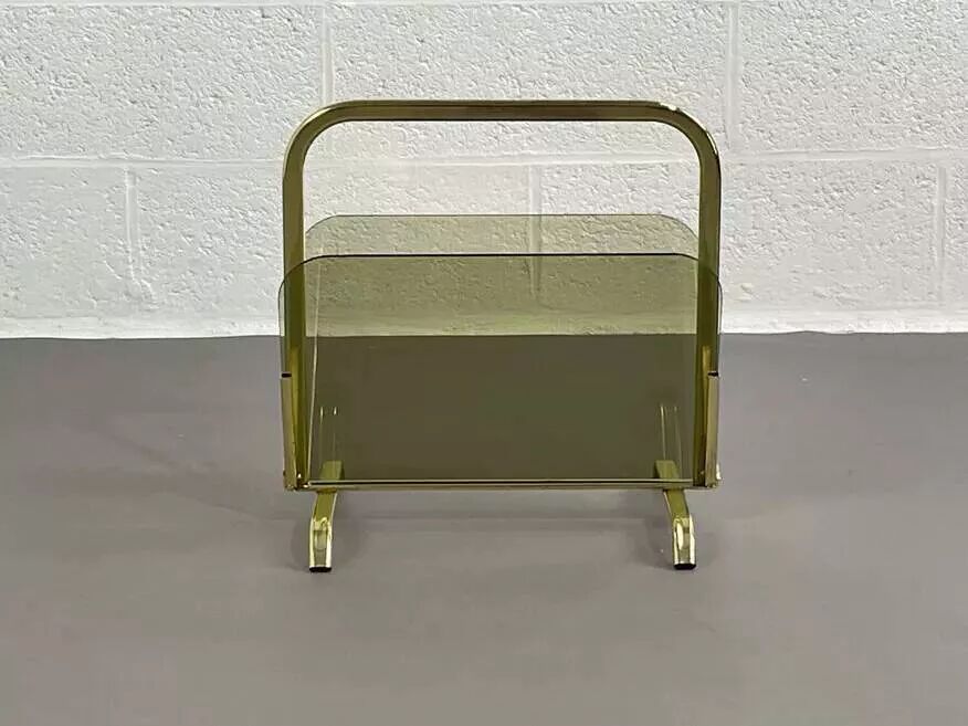 Vintage magazine rack in smoked glass and brass.