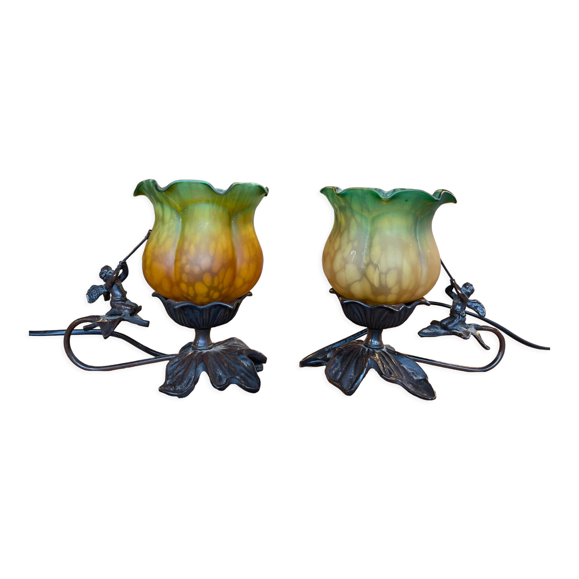Pair of lamps cherubs bronze vintage glass paste