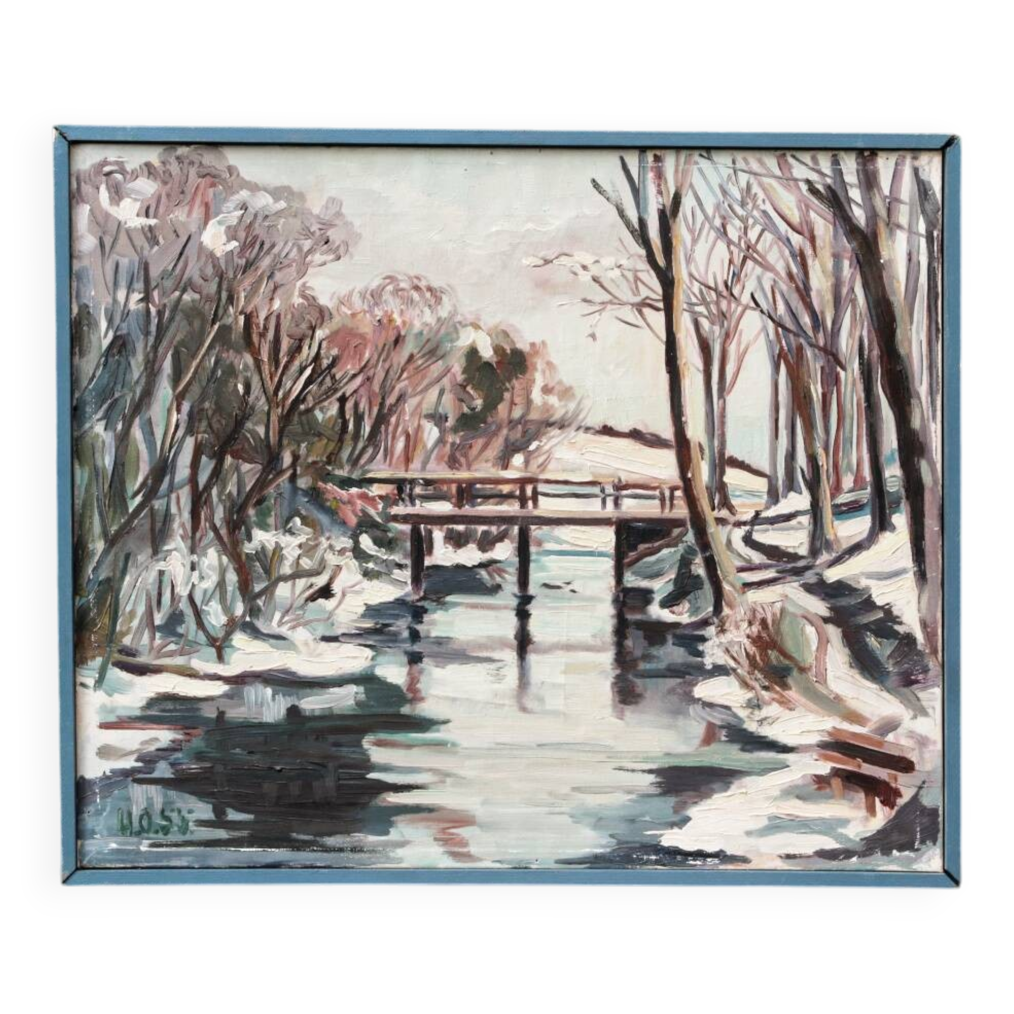 Oil on canvas from the 1950s, snowy landscape.