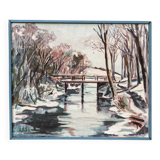 Oil on canvas from the 1950s, snowy landscape.