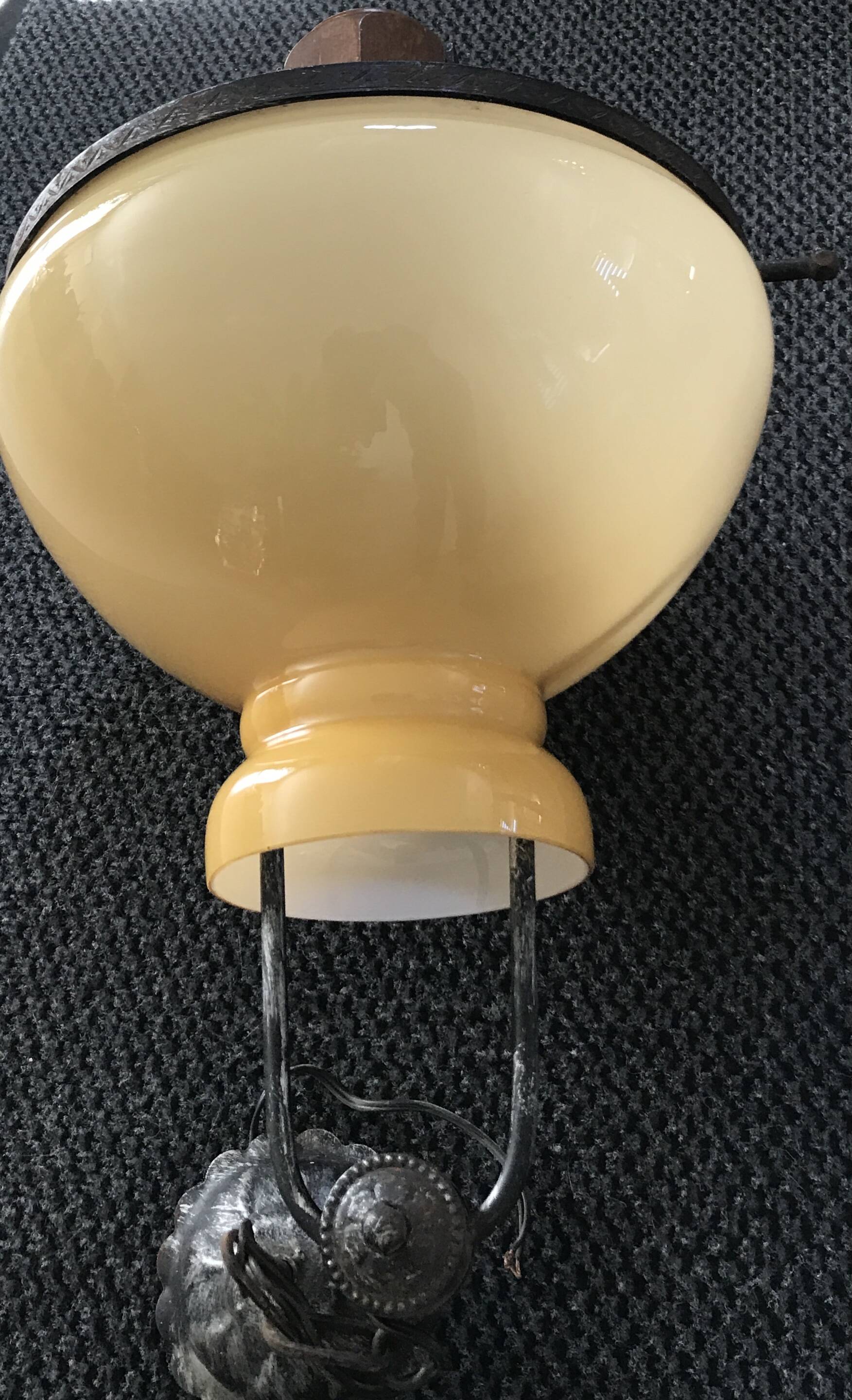 Suspension vintage wood and iron chandelier with yellow opaline lampshade