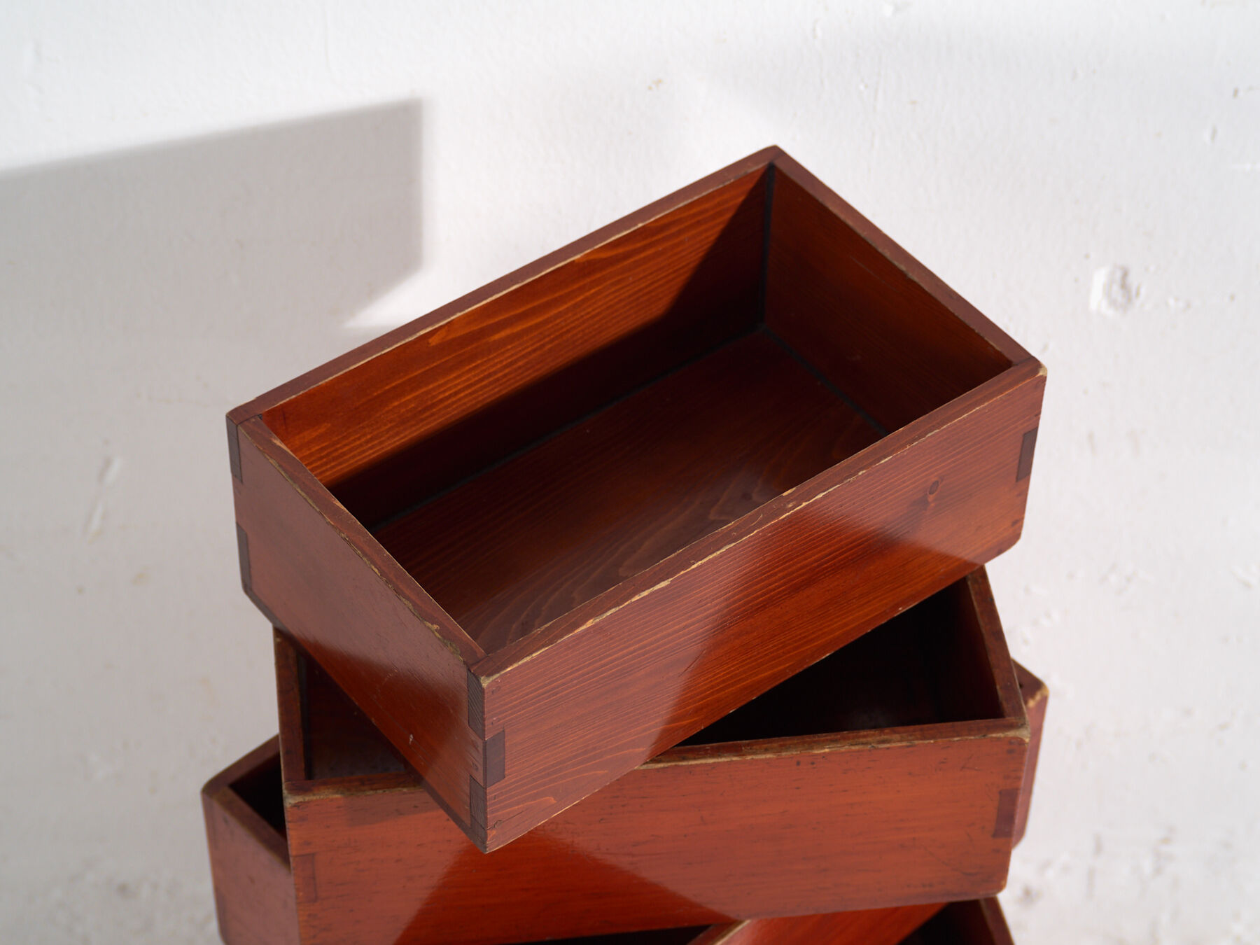 Stackable antique Japanese wooden boxes – set of 7 – Taishō–Shōwa period (c. 1920–1950)