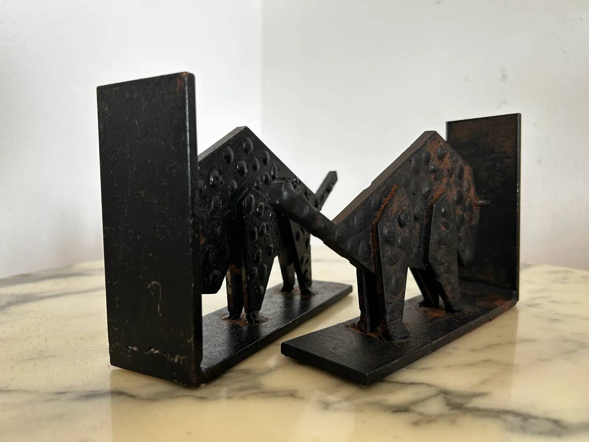 Pair of brutalist buffalo / bison bookends, black metal, mid-century