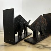 Pair of brutalist buffalo / bison bookends, black metal, mid-century