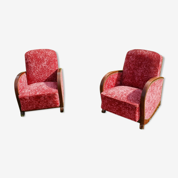 2 Art Deco armchairs in red velvet and wood