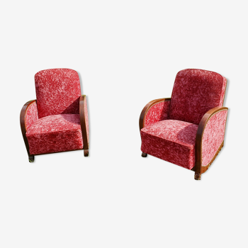 2 fauteuils Art Déco en velours rouge et bois