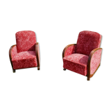 2 Art Deco armchairs in red velvet and wood