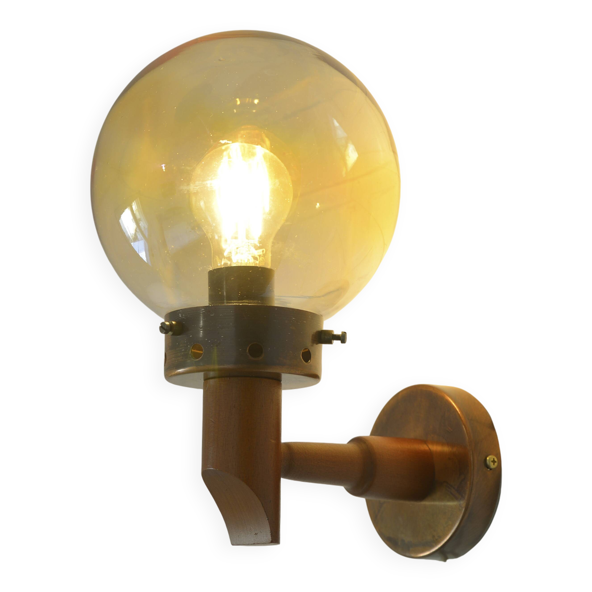 1 of 6 vintage wall lamps, rustic sconces, wood and copper amber glass 1980