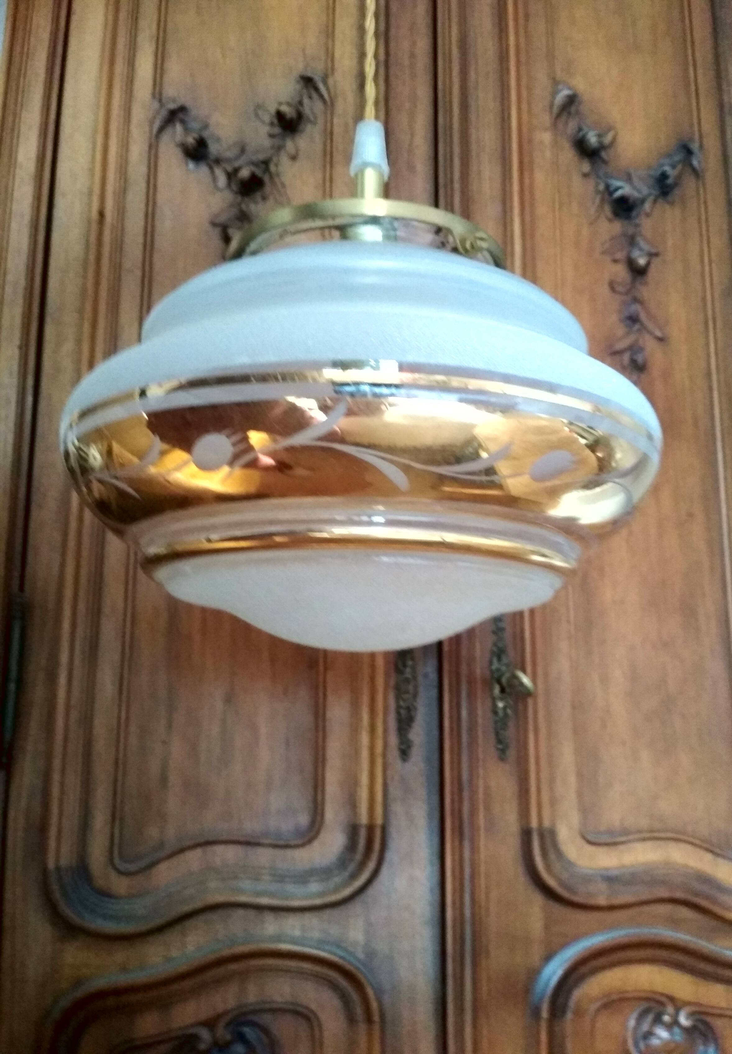 White and gold opaline globe hanging lamp 1950