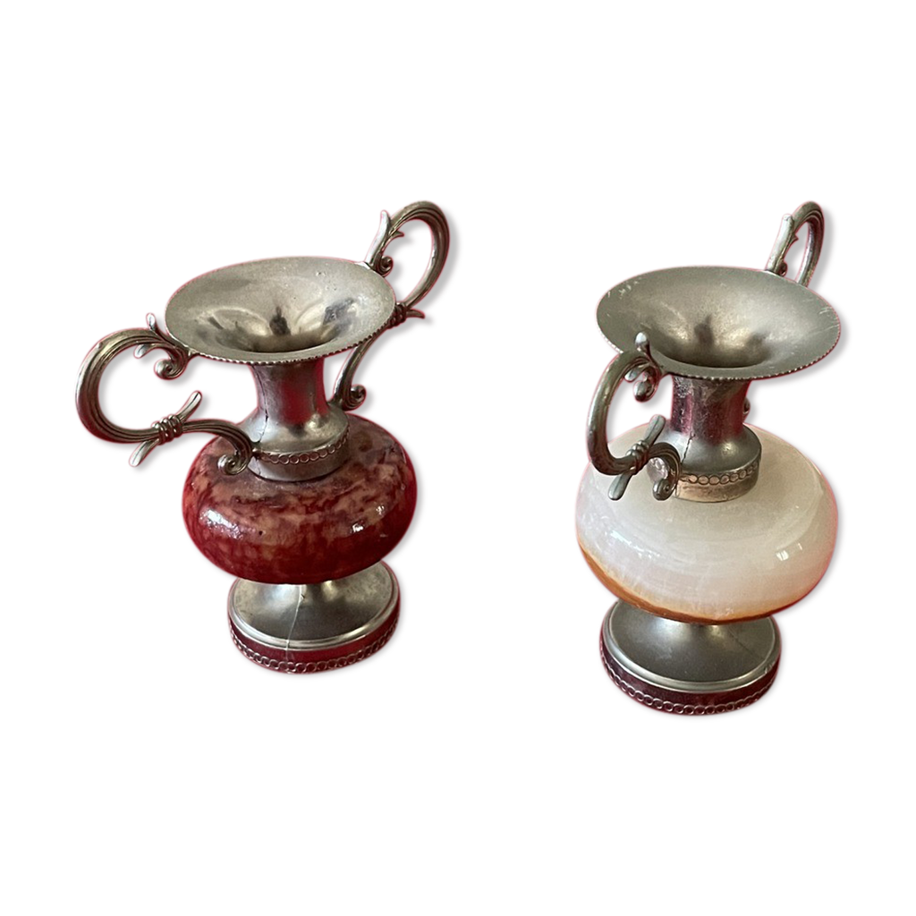 Petit Vase Cruche En Onyx Marbré Et Étain – Décor Art Vintage