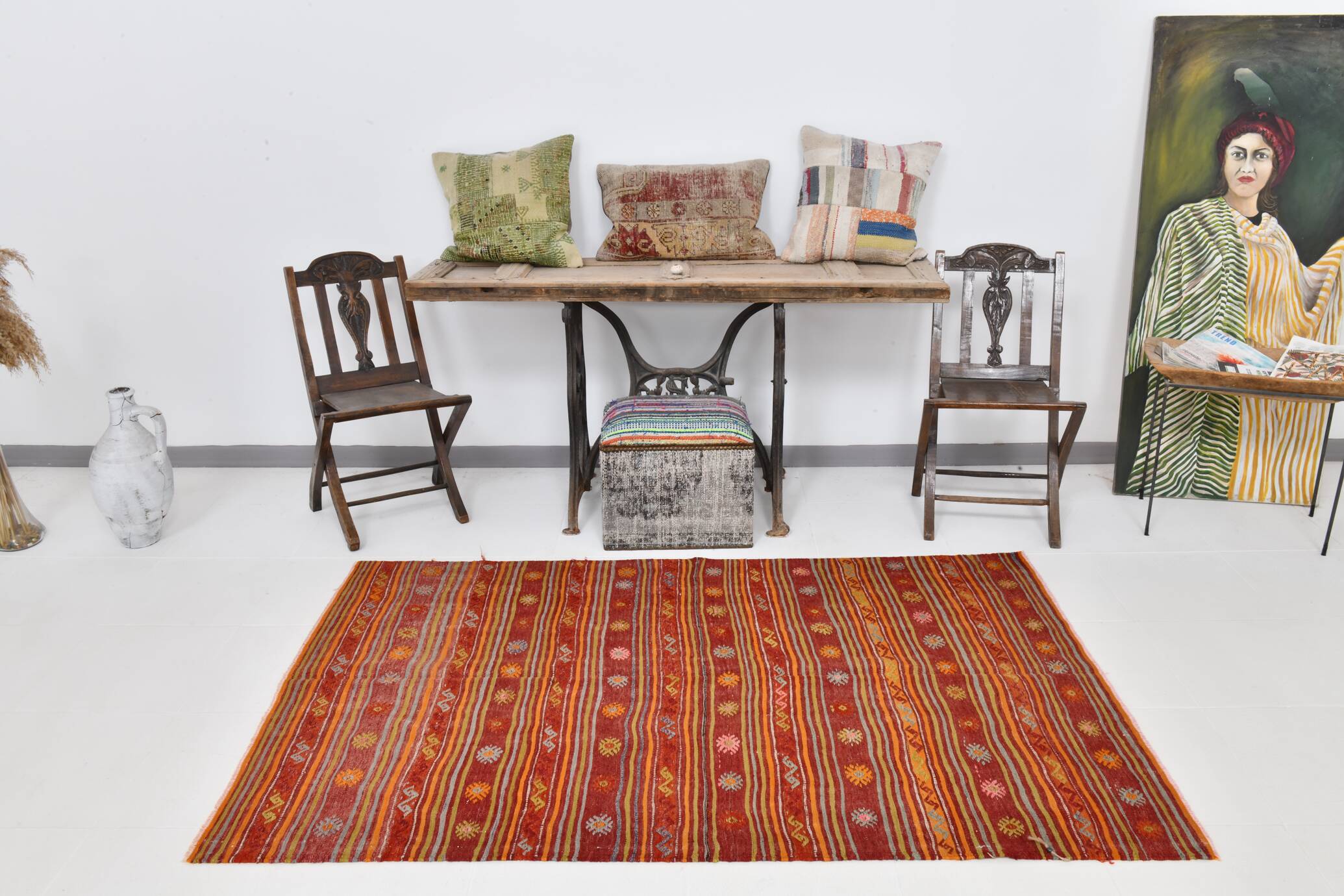 4x7 Red Orange Striped Handmade Wool Kilim Rug