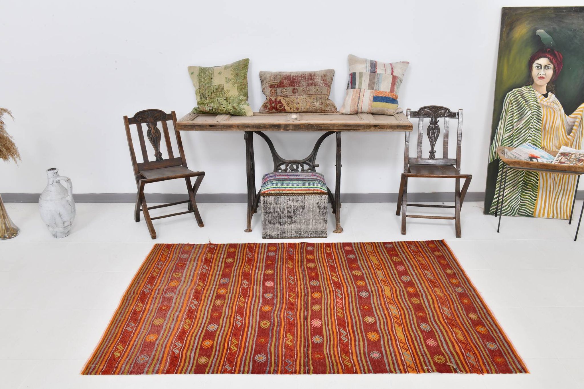 4x7 Red Orange Striped Handmade Wool Kilim Rug