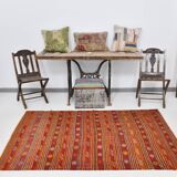 4x7 Red Orange Striped Handmade Wool Kilim Rug